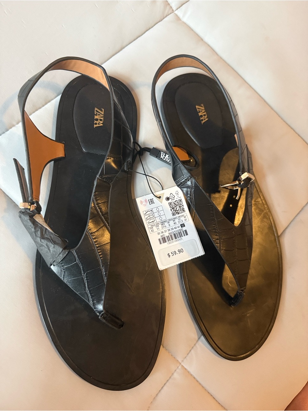 ZARA Black Croc-Print Thong Slingback Sandals